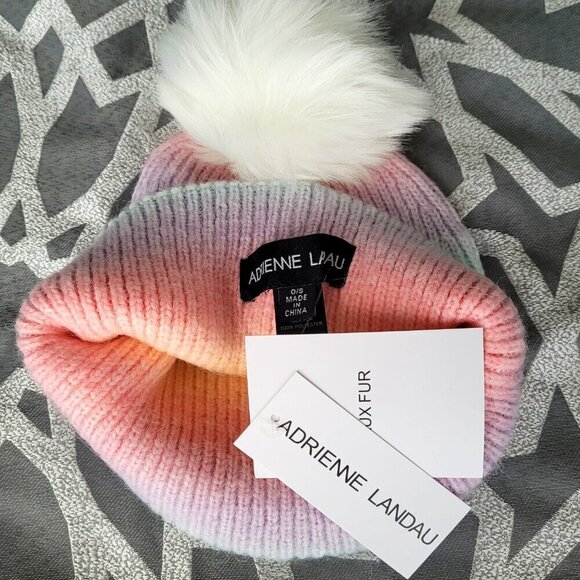 Adrienne Landau Wool Rainbow Purple Pink Faux Fur Pom-Pom Warm Beanie - Picture 4 of 4